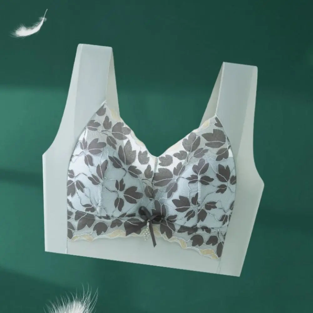 Breathable Leaf Lace Deep V Bras Zircon Bowknot Push Up Bras Big Cup Gathered Breasts Brassiere for Women Girls