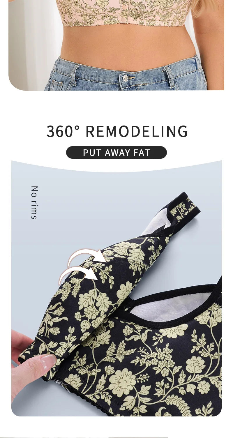 plus Size Front Closure Wireless Floral Print Bra Full Coverage Comfortable Support Bralette for Women Wide Band Everyday Wear