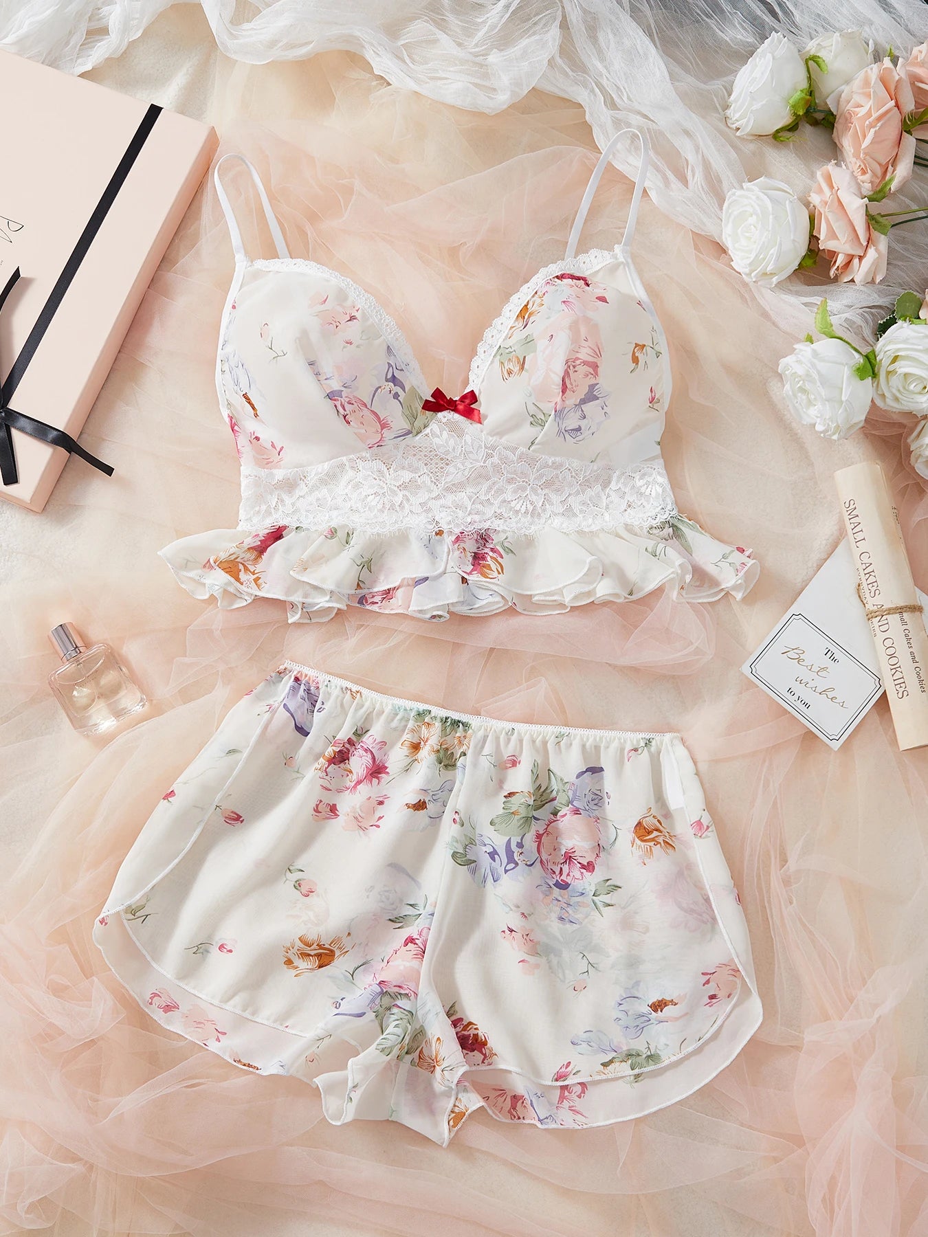 Plus Size Floral Lingerie Set - Chiffon Camisole with Lace Trim, Ruffled Shorts, Romantic Flower Print, Soft & Breathable. sexy