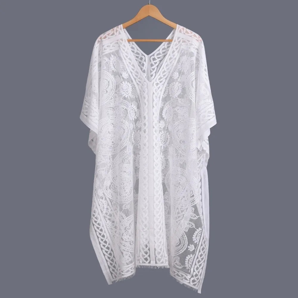 Breathable Lace Mesh Sunscreen Beach Cover Up Plus Size Casual Bohemian Shawl Floral Transparent Swimsuit Cover Up Lady