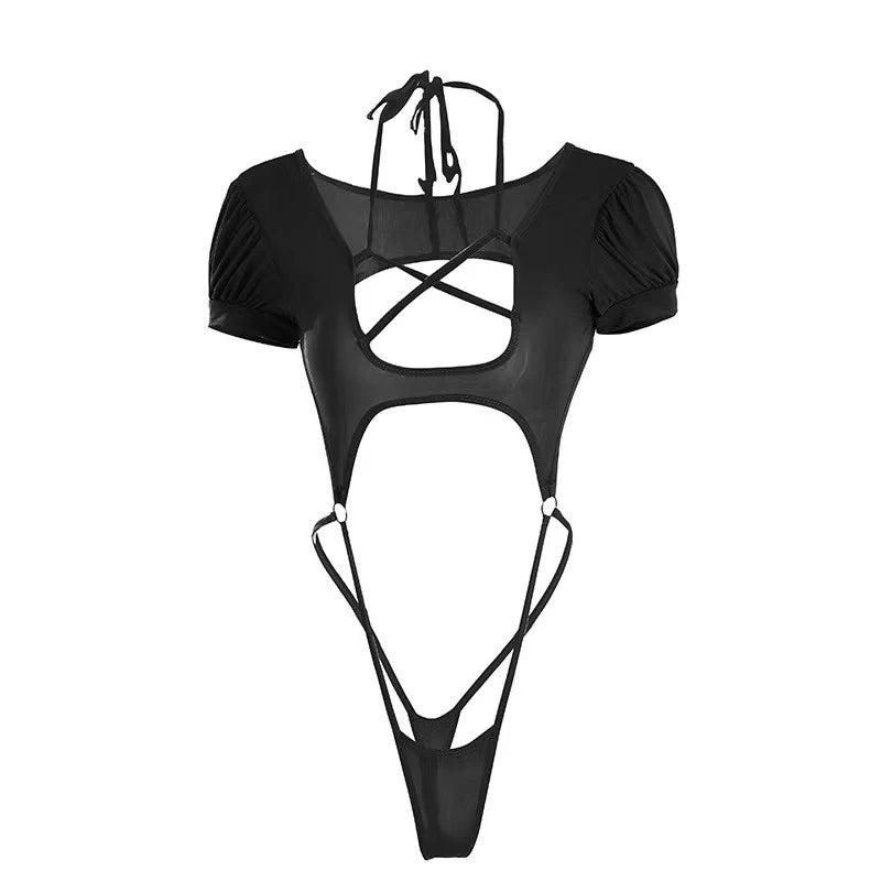 Sexy Women's Lingerie Camisole Bodysuit With Cutout Crotchless Design And Thong Low-cut Lingerie Set