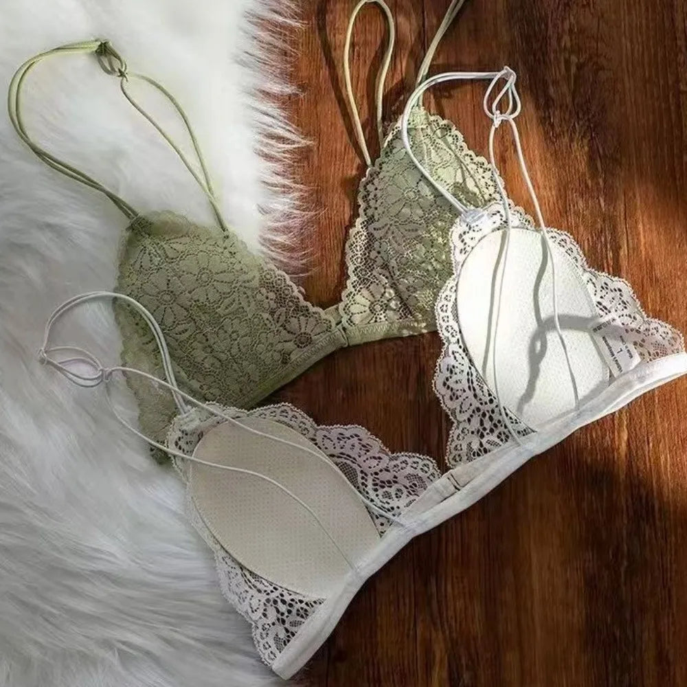 Ultra-thin Shoulder Strap Lace Wireless V Bra Front Button Lingerie Shockproof Brassiere for Women Gathered Breasts Seamless