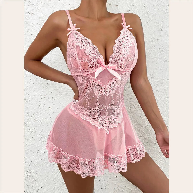 Sexy Lingerie Lace Babydoll Dress Sexy Costumes Bodysuit Exotic Porn Outfit Erotic Underwear Open Bra Mesh Sheer Pajamas