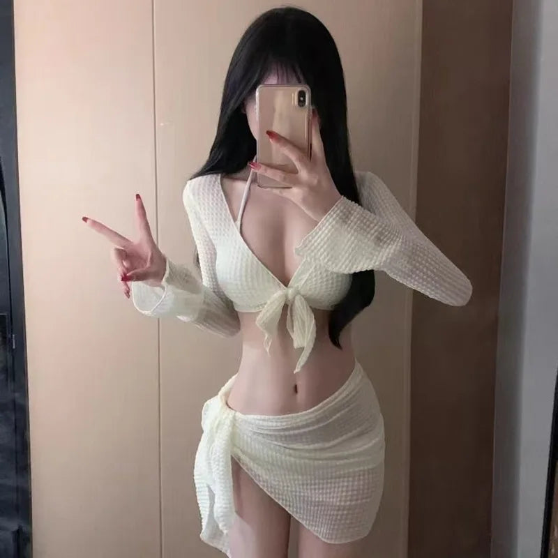 Bikini Swimsuit Women's 2025 New Four-piece Set White Sexy Slim and Split Vacation Hot Springs Europe and America