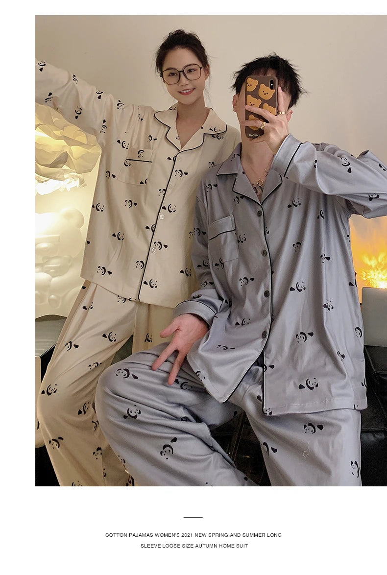 Pajamas Women Pajama Man Set Cotton Plus Size Spring Autumn Long-sleeved Korean Cardigan Casual V-neck Nightwear Couple Pyjamas
