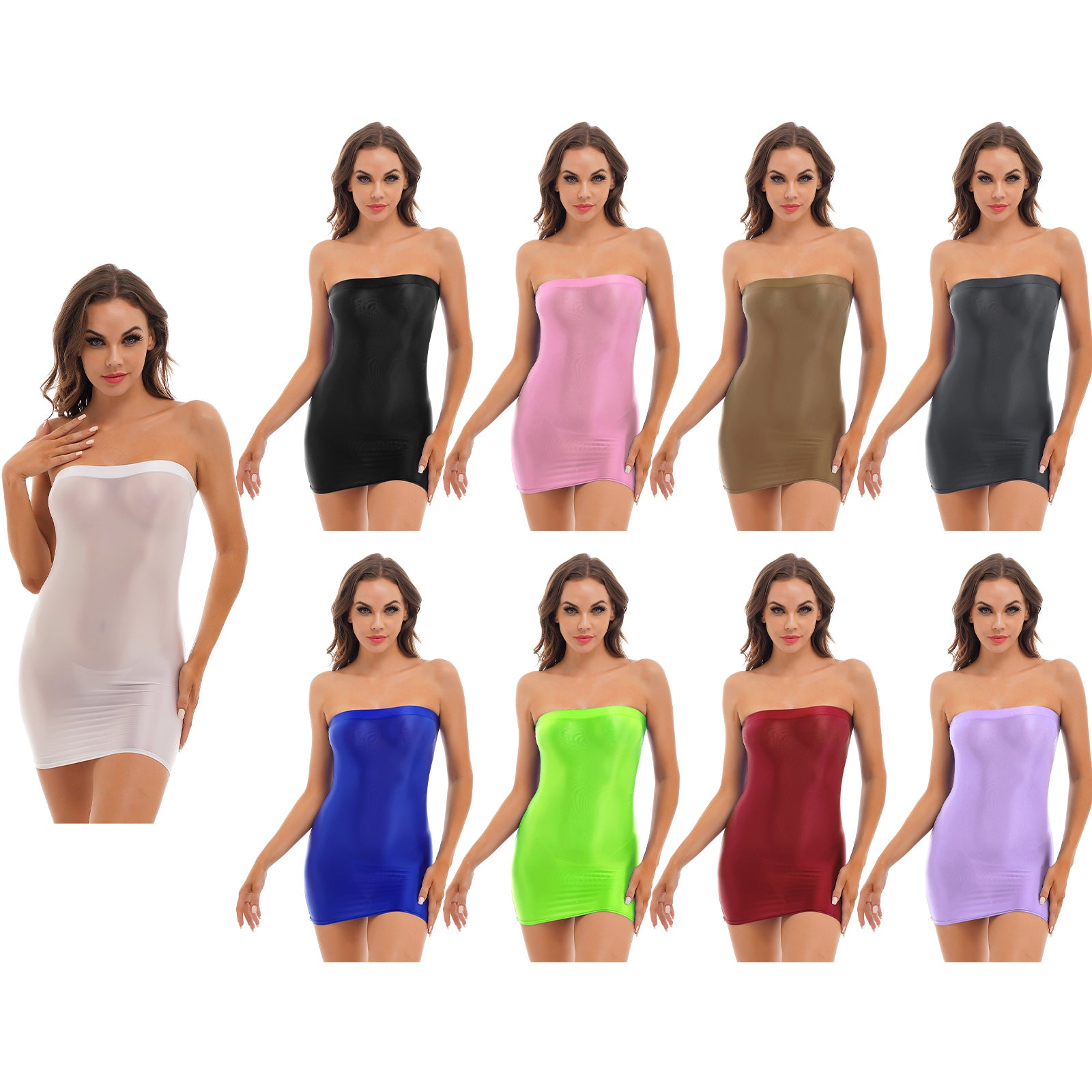 Women's Strapless Bodycon Dress Sleeveless Transparent Tight Pencil Dress Oil Glossy Package Hip Sheer Mini Dresses Clubwear