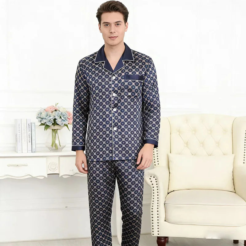 2PCS Men's Geometric Print Pajama Set Loungewear Spring New Thin Polyester Ice Silk Sleepwear Plus Size Homewear Pijamas Suit