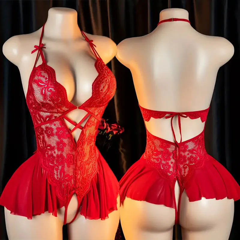 Red Hanging Neck Lingerie Adult Erotic Costume Deep V Bra Crotchless Woman Underwear Sex Night Open Dress Bodysuit Sexy Jumpsuit
