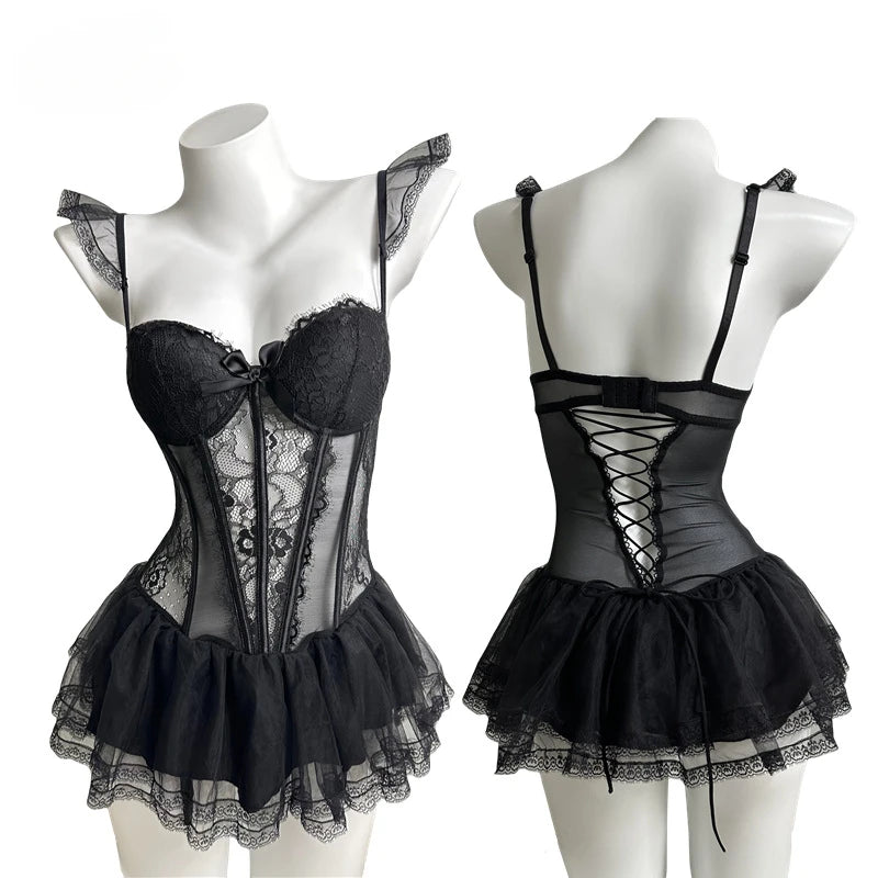 Erotic Lingerie Ladies Sexy French Lace Corset New Bodysuit Gathered Elasticity Women Push Up Mesh Material Bustier Underwear