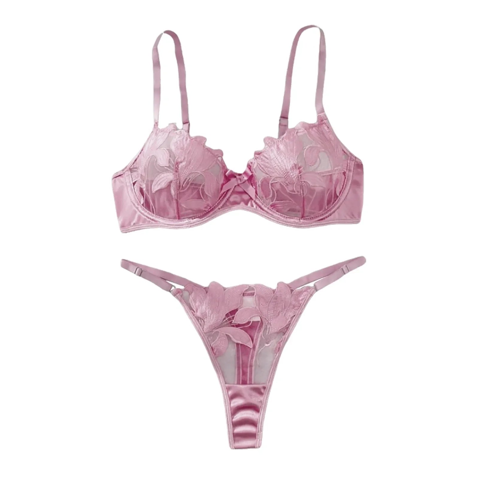 Women'S 2 Piece Lingerie Set Floral Embroidered Lace Sexy Satin Mesh Ingerie Bra And Panty Set Negligee Lingerie Sexy