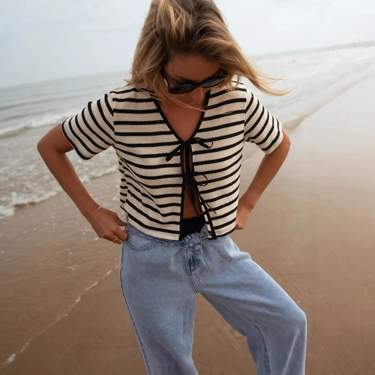 white black stripes short sleeve blouse for women turn-down collar V-neck cropped summer bikini tops hot girl boho beach tops