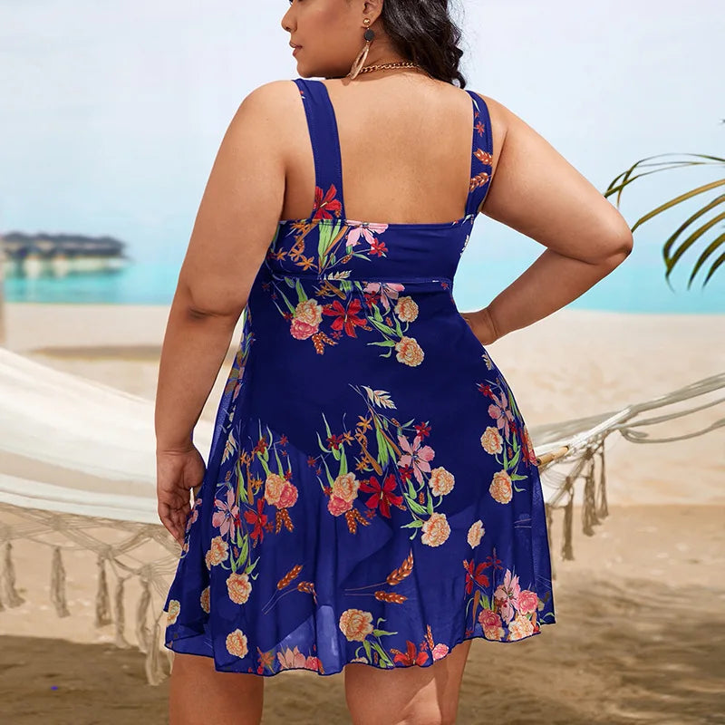 Plant Print Split Hem Monokini Flattering Plus Size One-piece Swimsuits for Women U-neck Summer Skirt Style Split Bathing Suit