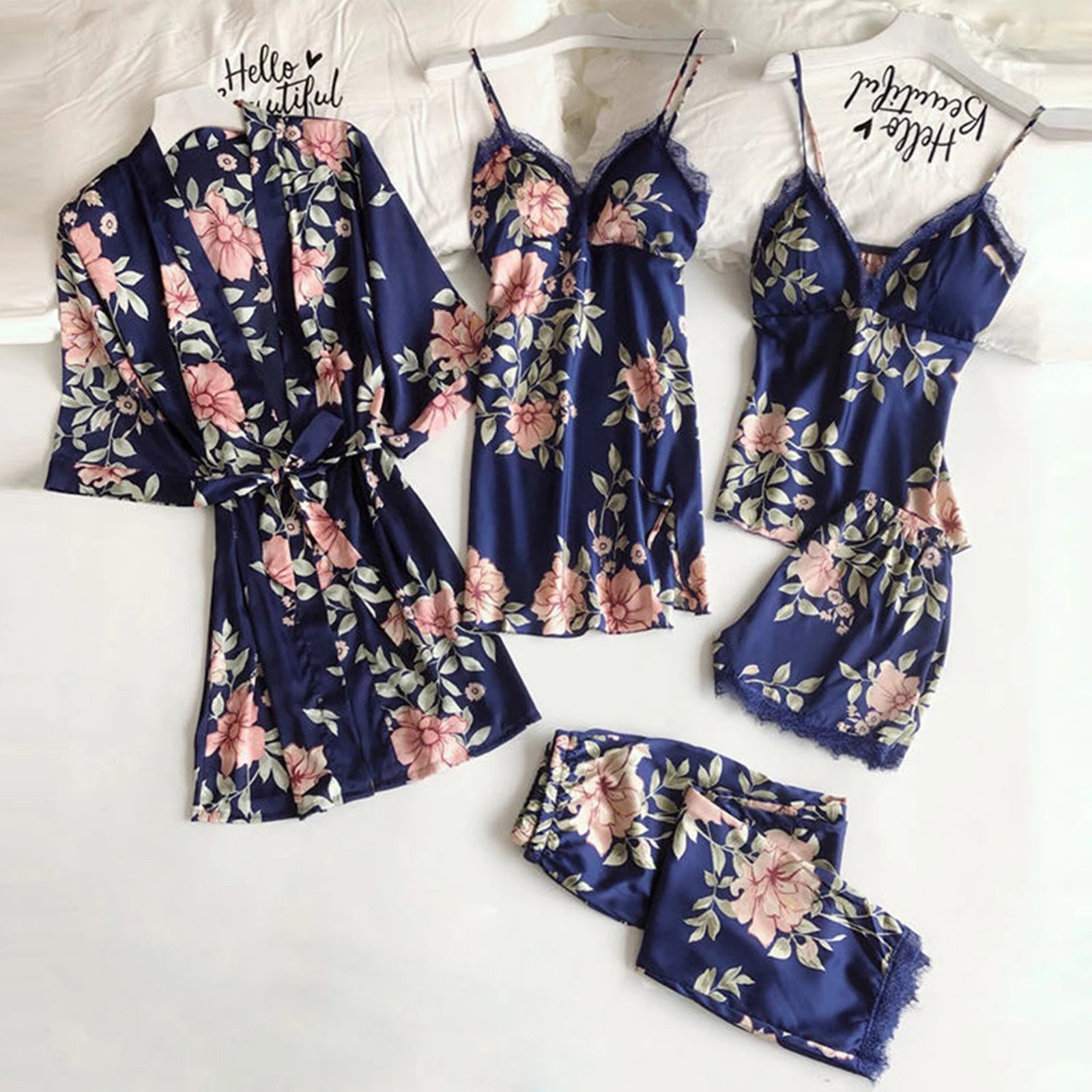 Women'S Printed Sleepwear Loose And Comfortable Lace Five Piece Set Sleeveless Camisole Nightdress Home Clothing Bathrobe