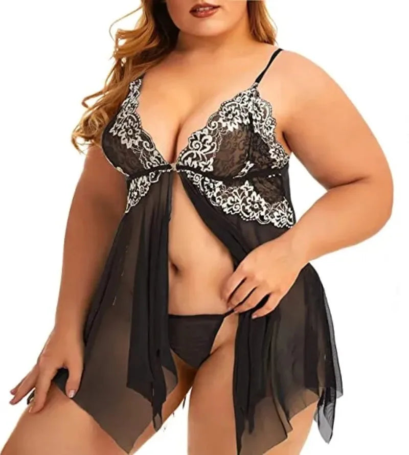 Plus Size Babydoll for Women Open Front Lingerie Sleepwear Lace See Through V Neck Nightgown Sexy Nightdress Maternity Negligee