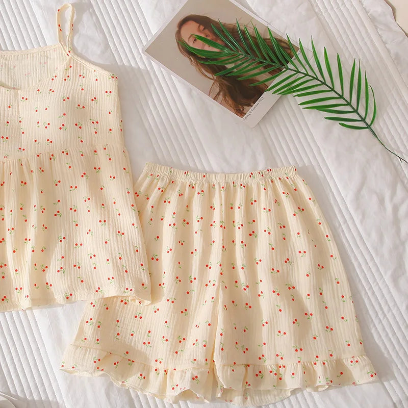 2026Women's Summer Cotton Sleepwear Sets Girl's Camisole Vest with Chest Cushion Shorts Cute Floral Two-piece Home Suit Set 2PCS