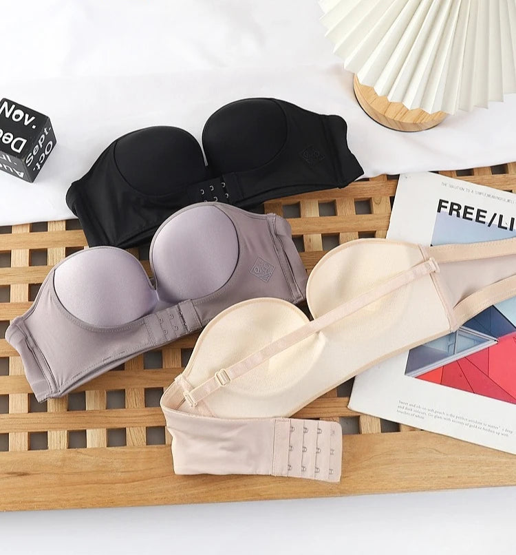 Strapless Non Slip Invisible Bra for Women Front Closure Adjustable Push Up Bra Bralette with Breathable Gather Backless Bra