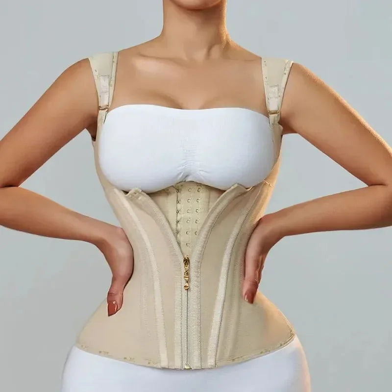 Shapewear Body Shaper Women Double Compression Waist Trainer Corset with Bone Adjustable Zipper and Hook-eyes Flat Belly