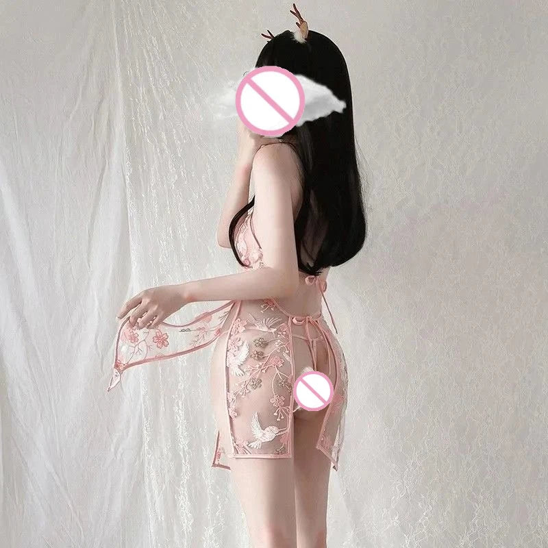 Sexy Lingerie Pure Desire Style Retro Cheongsam Perspective Embroidered Pajamas Hot Uniform Midnight Passion Bed Flirting Set