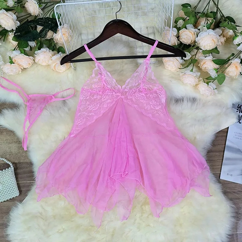 Sexy Lingerie Night Dress For Female Transparent Babydoll Nightwear With G-string Underwear Lace Sleepwear Women's Lingerie Set