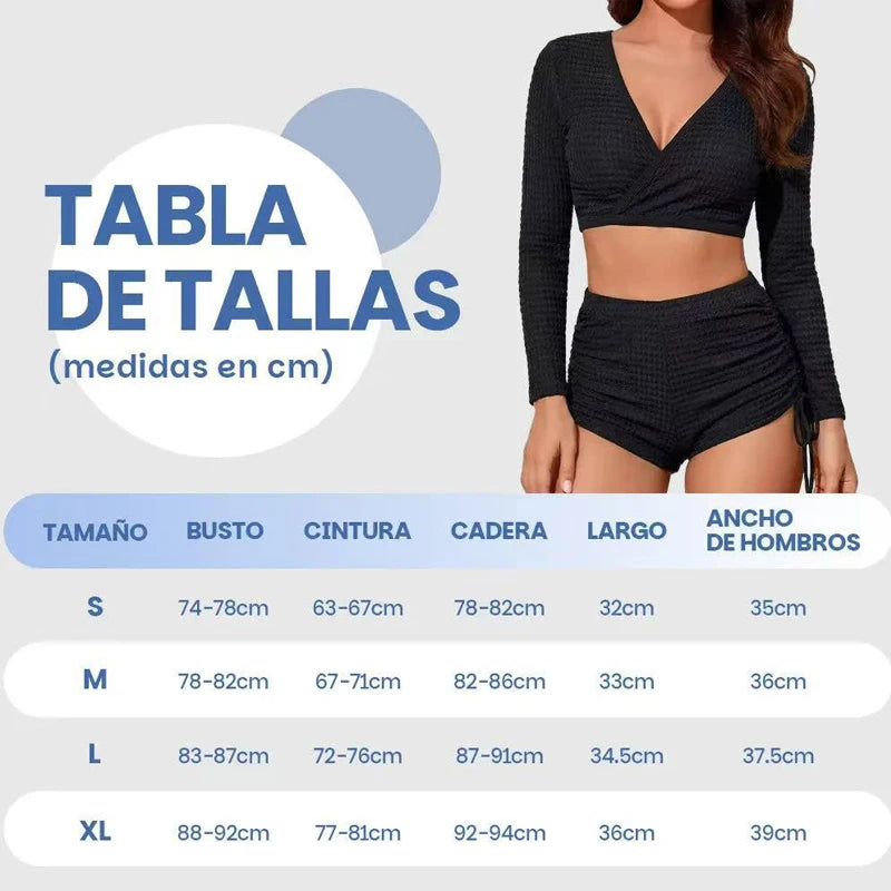 Sexy Long Sleeve Bikini 2 Piece for Women Textured V Neck Crop Top High Waisted Drawstring Swimwear Push Up Bathing Suit