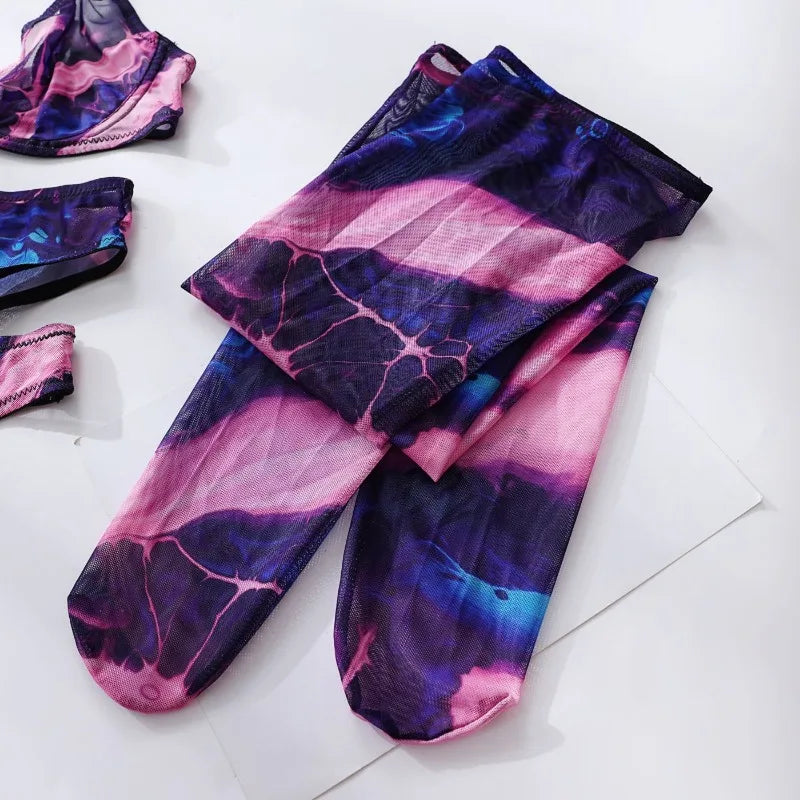 5 Pieces Lingerie Set Women Nightwear tie-dye Printed Halloween Underwear Bras Panties Golves Stocking Erotic Laungerie Set