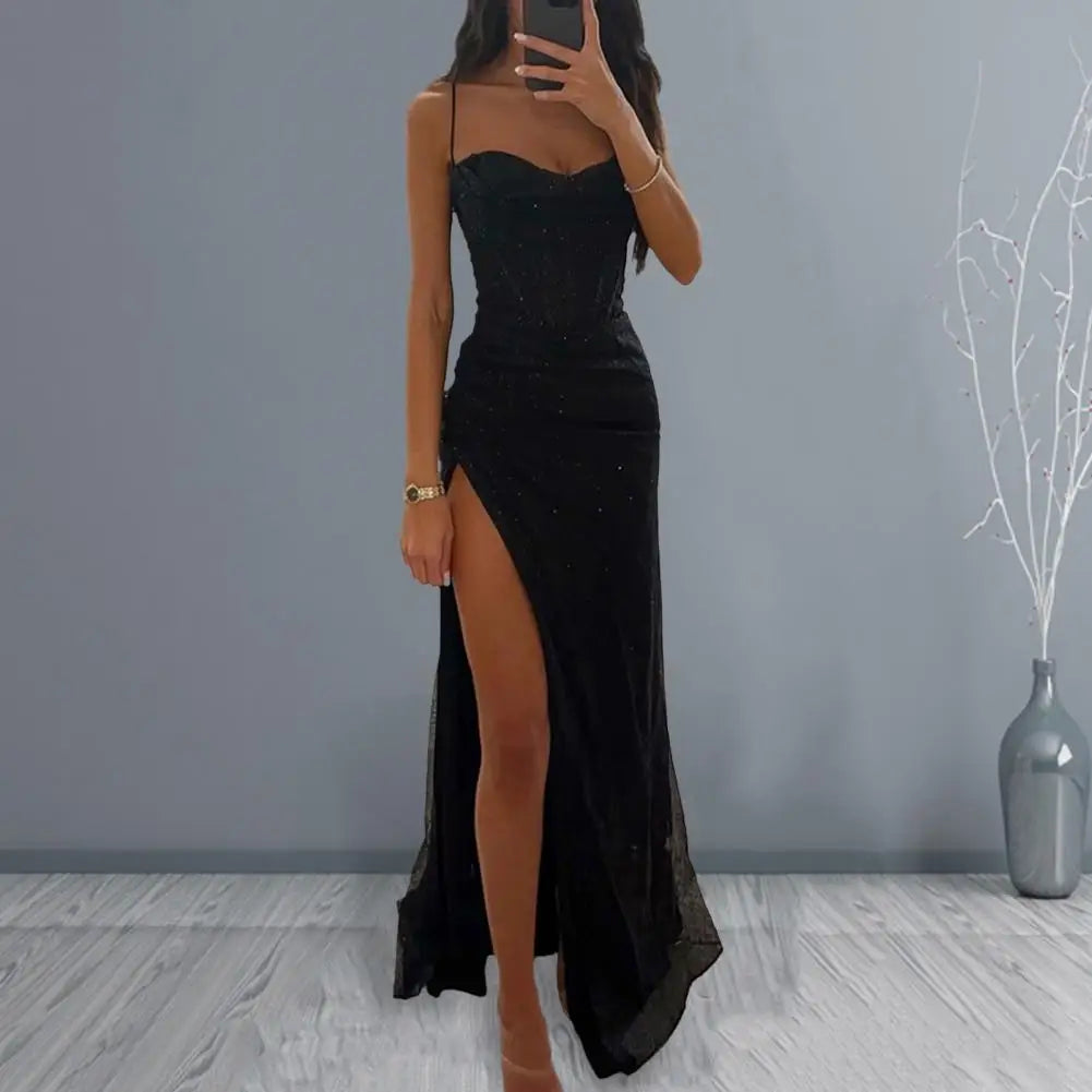 Sexy Women Evening Dress Spaghetti Strap Shiny Sequin Sleeveless Off Shoulder Low-cut High Split Prom Dress Long Party Dress