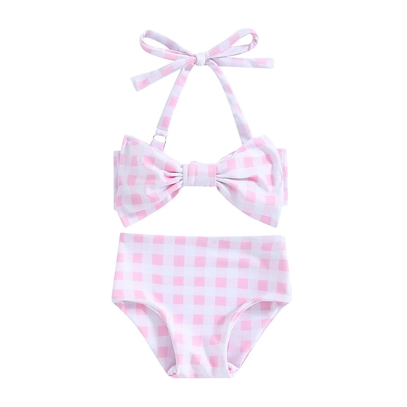 Citgeett Summer Kids Girls Bikini Outfits Set Flower Plaid Print Sleeveless Bow Bikini Tops Shorts Swimsuit Clothes