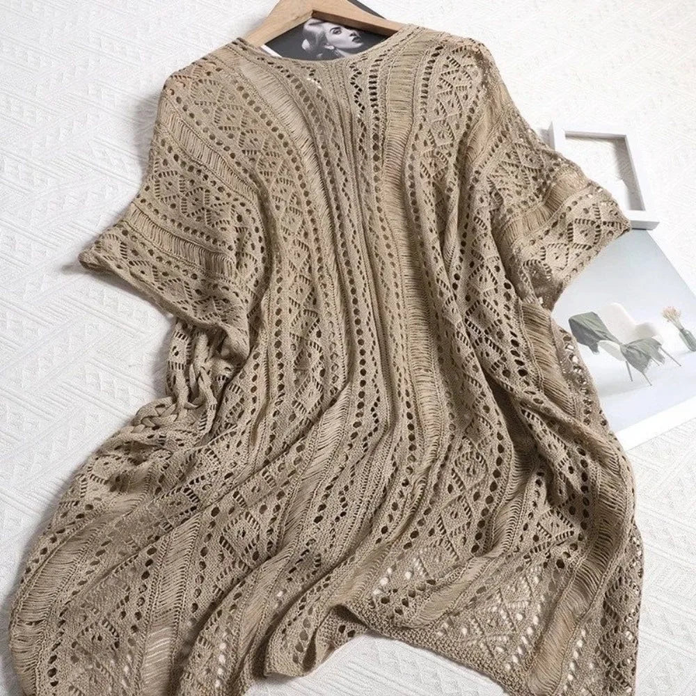 Leisure Oversized Hollow Out Swimsuit Cover Up V-neck Loose Knitted Bikini Cover Up Bohemian Style Mesh Beach Wear Summer