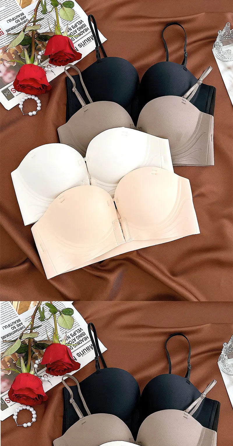 Front Closure Push Up Bras Women's Sexy Seamless Plunge No Steel Brassiere Thick Female Underwear Solid Color Invisible Lingerie