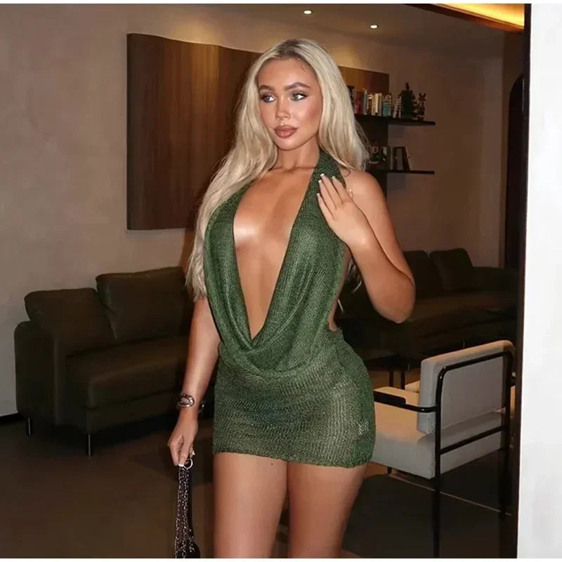 Sexy Sequin Halter Short Dress Women Backless Sleeveless Hip Package Party Dresses Female Summer Chic Night Club Robe Lady