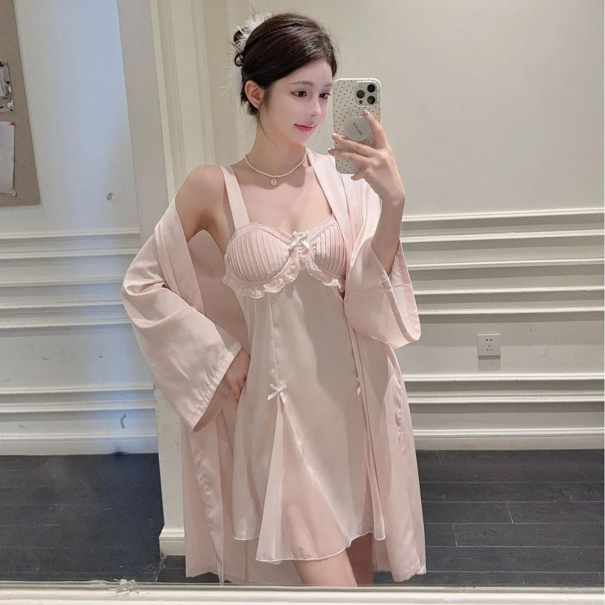 Sexy Women Robe Nightgown 2PCS Set Patchwork Lace Suspender Nightdress Lingerie Summer Sleepwear Home Dress Loungewear
