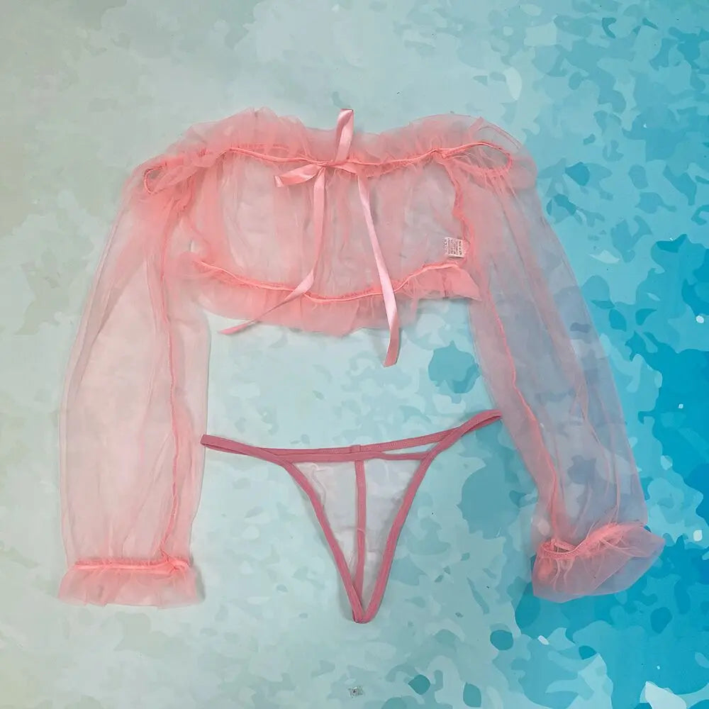 Sexy Lingerie Woman Erotic Pajamas Lace Lingerie Sex Clothes Babydoll Erotic Transparent Porn Blue Sexy Tops Thong Set Lingerie