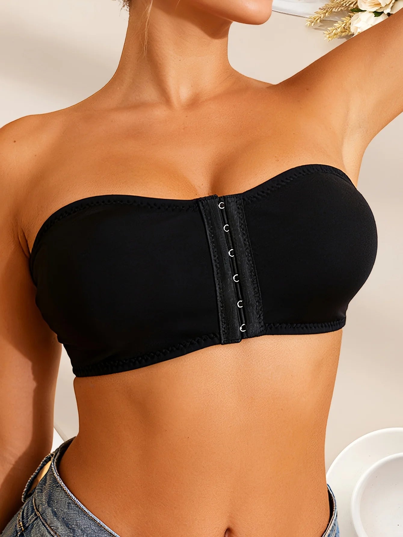 women's bra gathered together sexy thin bra front button chest tie strapless bra