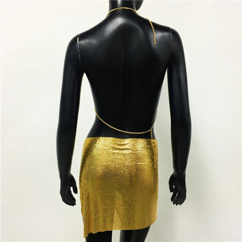 Sexy Metal Sequins 2 Piece Set Women Sleeveless Deep V Neck Backless Halter Tank Tops Split Mini Skirts Beach Party Outfits