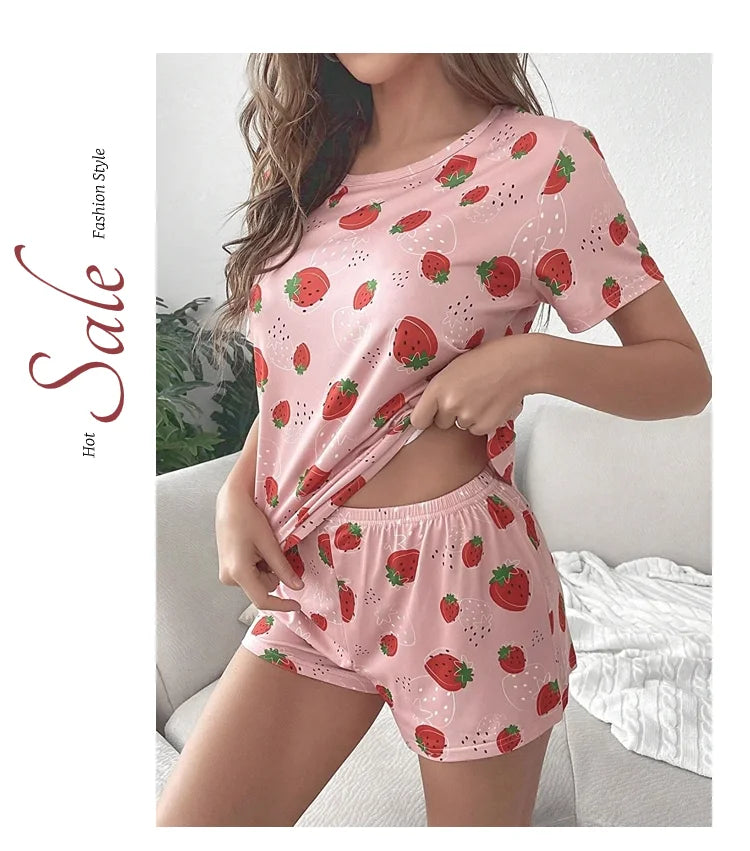 Pajamas Set for Women Breathable Cherry & flower Print Sleepwear Comfy Camisole Top and Shorts Pyjama Home Loungewear for Ladies