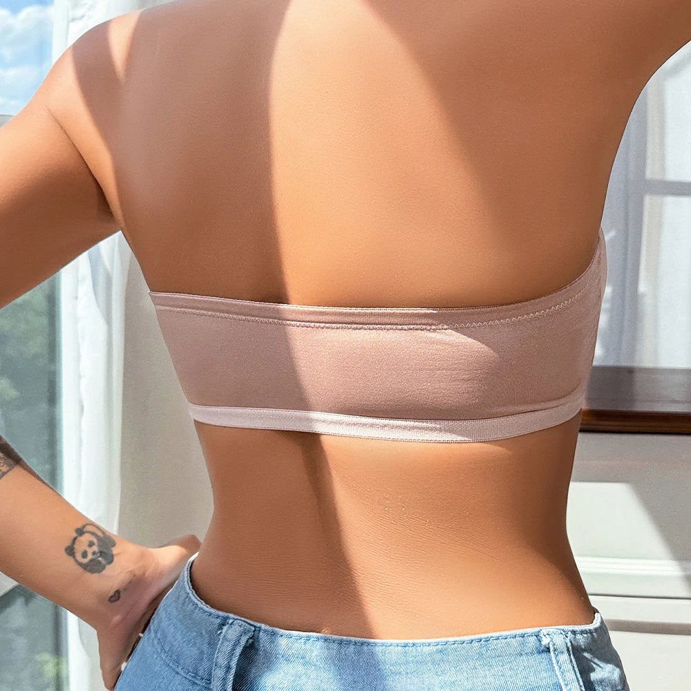 Women's Strapless Front Closure Push Up Unlined Bra Non-Slip Bandeau Brassiere Seamless Wireless Tube Top No Show Bralette