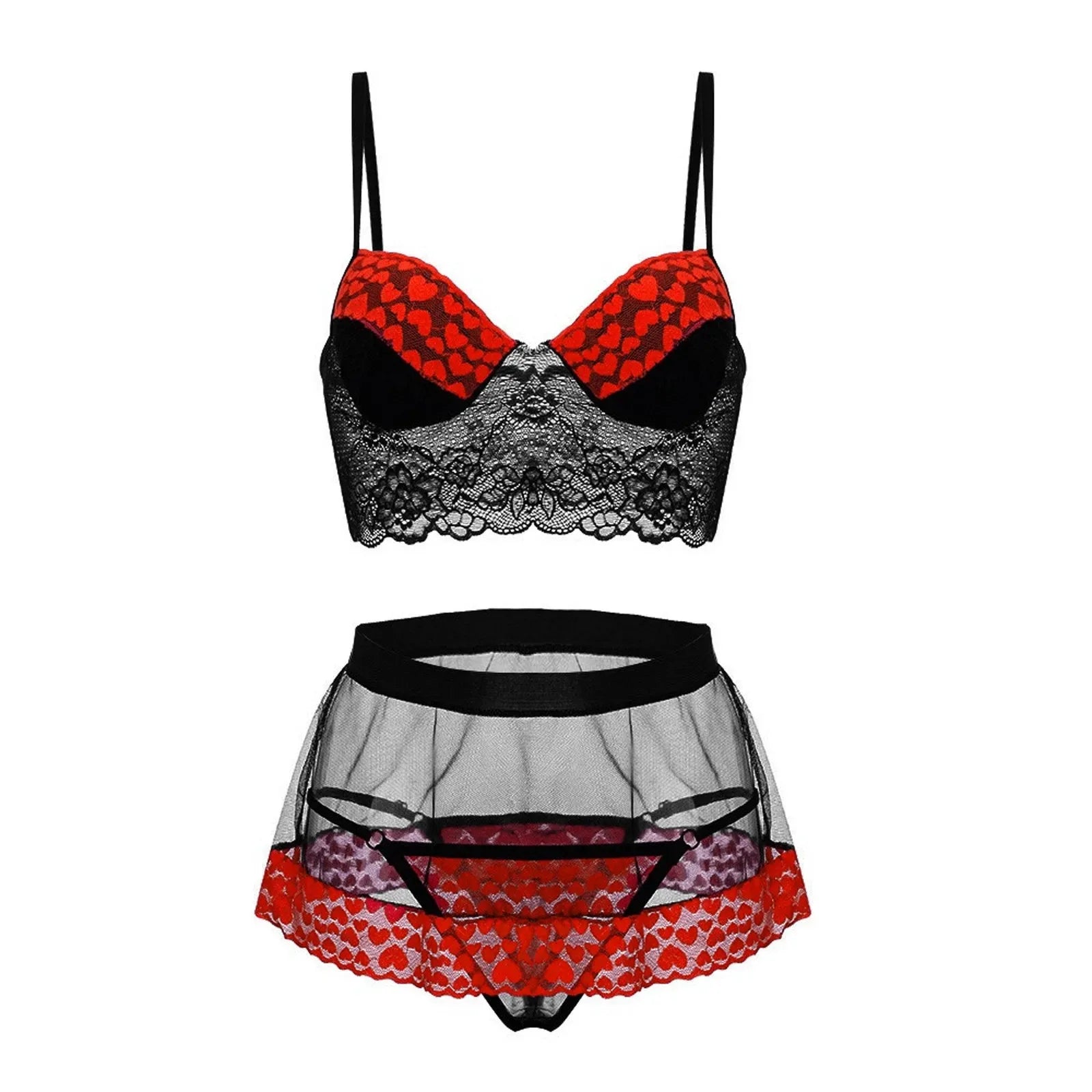 Sexy doll lingerie set, transparent mesh lingerie with a three-piece love embroidery, bra, skirt panties, female lace apparel.