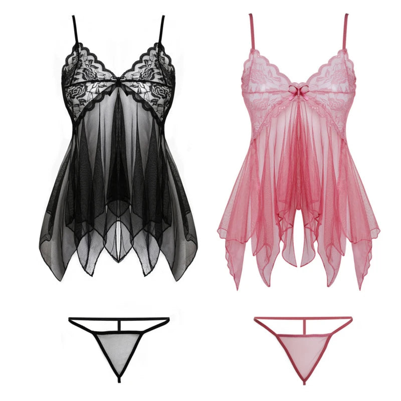 Sexy Lingerie Night Dress For Female Transparent Babydoll Nightwear With G-string Underwear Lace Sleepwear Women's Lingerie Set