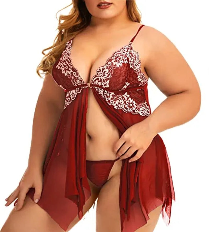Plus Size Babydoll for Women Open Front Lingerie Sleepwear Lace See Through V Neck Nightgown Sexy Nightdress Maternity Negligee