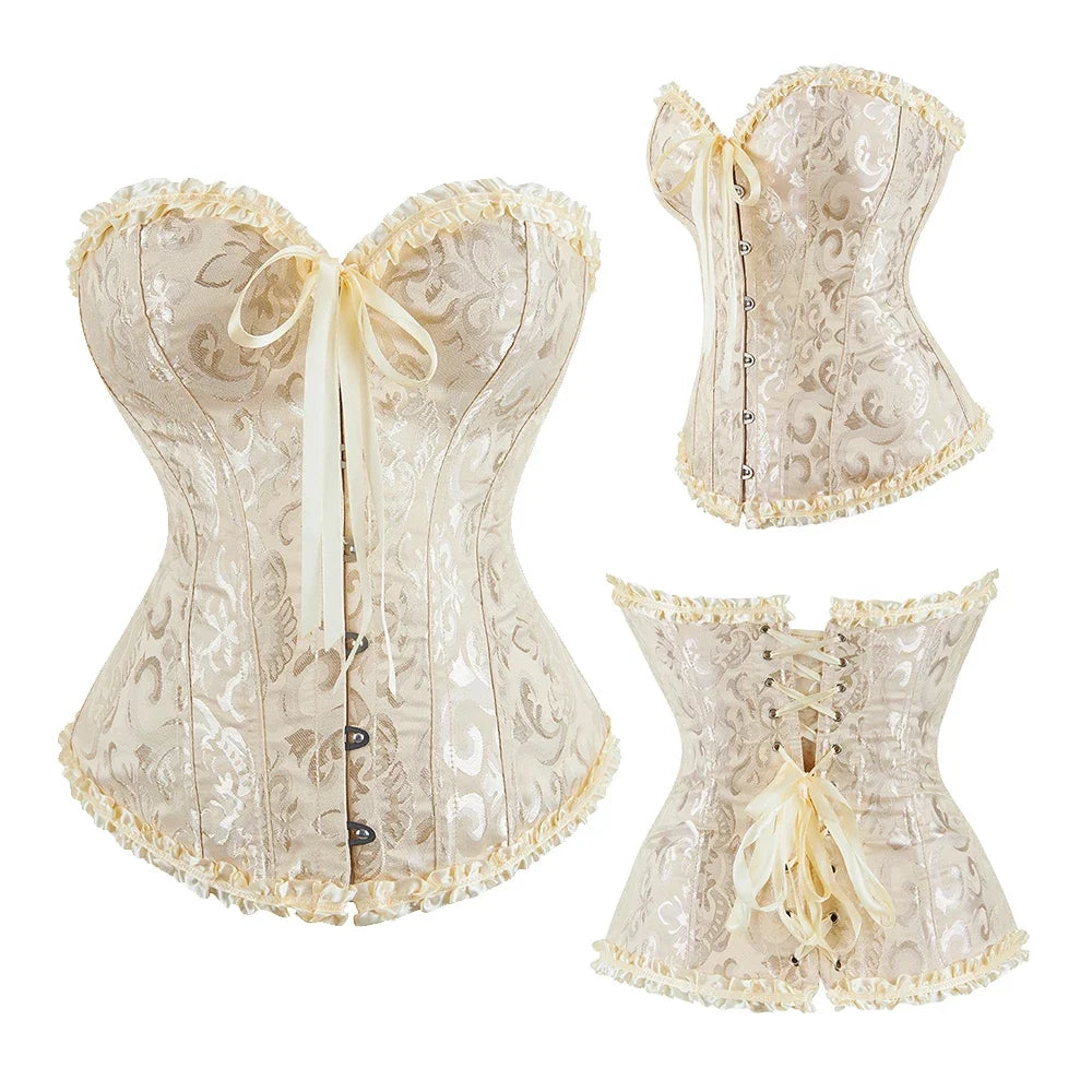 Women Sexy Overbust Corset Korset Basques Floral Lace Top Bustier Jacquard Lingerie Corselet