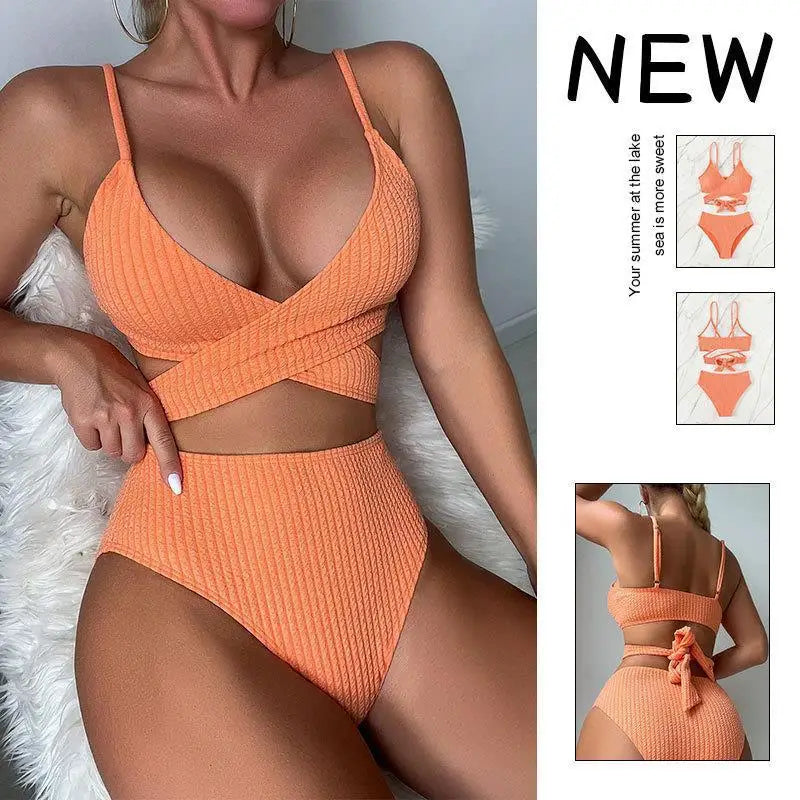 Solid Color striped Sexy Bikini set Women's Separate Swimwear Strap Design Swimwear Fashionable Beachwear Sexy lingerie Trikini