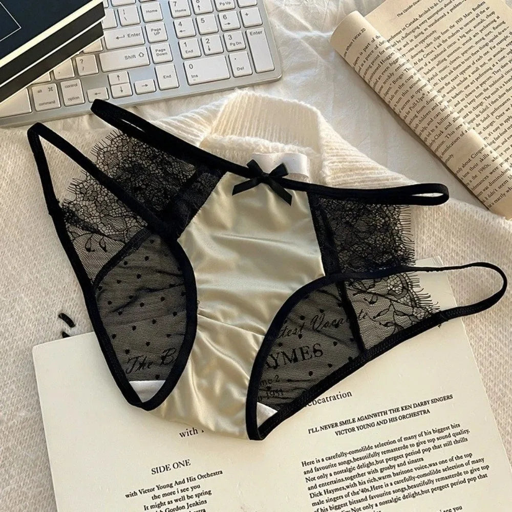 Lingerie Low Waist Underwear for Women Bow Transparent Sweet Lace Panties Hollow Mesh Satin Silk Briefs Girl