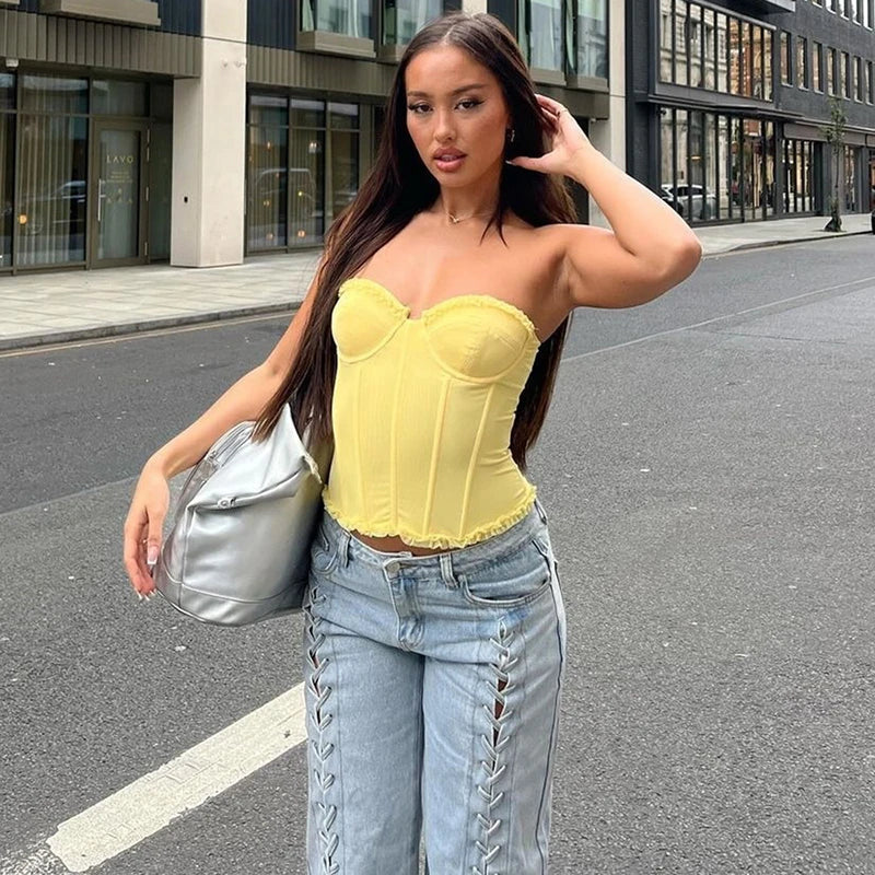 Women Sheer Lingerie Streetwear Lace-up Bustier Corset Tops Slim Backless y2k Tank Top Strapless Striped Sheath Sexy Camisole