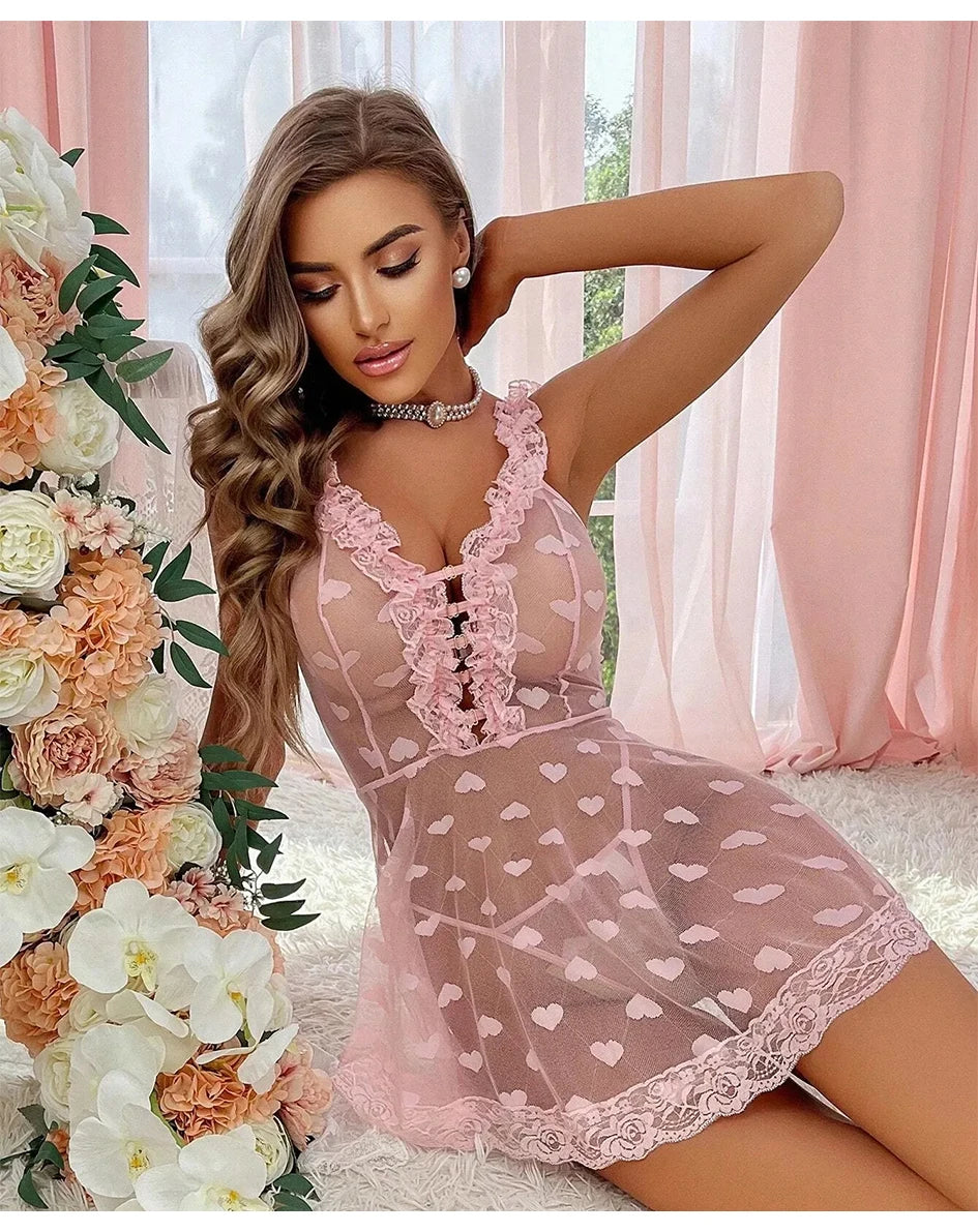 Romantic Lace Sexy Lingerie Babydoll Nightgown for Women with Ruffles Hollow Open Bra Design Love Sex Theme Seductive Erotic Cos