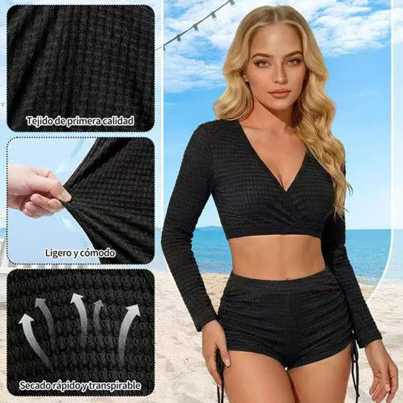 Sexy Long Sleeve Bikini 2 Piece for Women Textured V Neck Crop Top High Waisted Drawstring Swimwear Push Up Bathing Suit