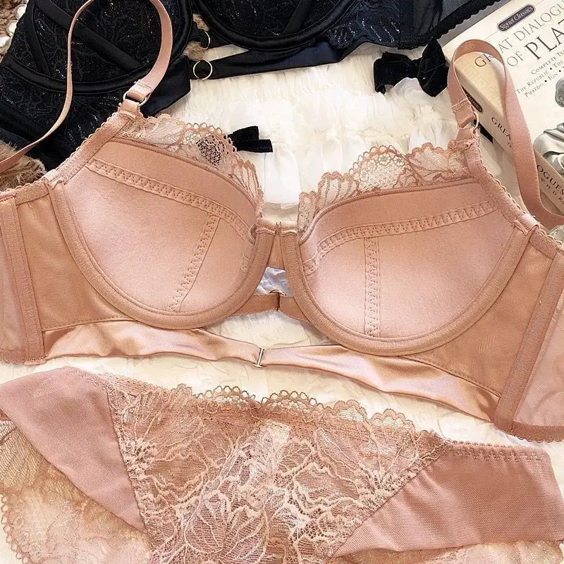 Sexy Lace Lingerie Set with Large Chest Gathered, Anti Sagging, And Adjustable Breasts, Comfortable Soft Steel Ring Bra Set