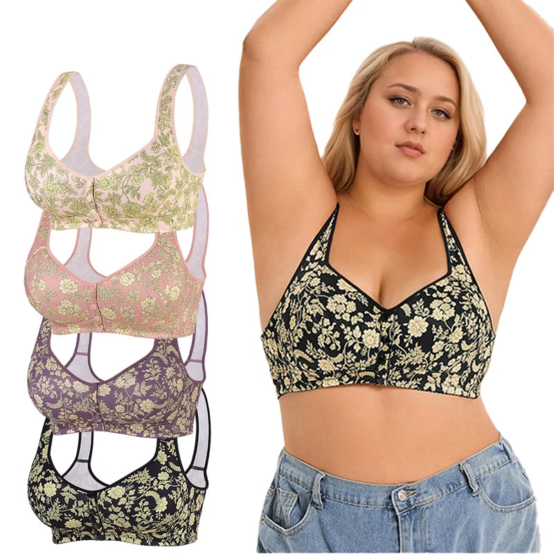 plus Size Front Closure Wireless Floral Print Bra Full Coverage Comfortable Support Bralette for Women Wide Band Everyday Wear