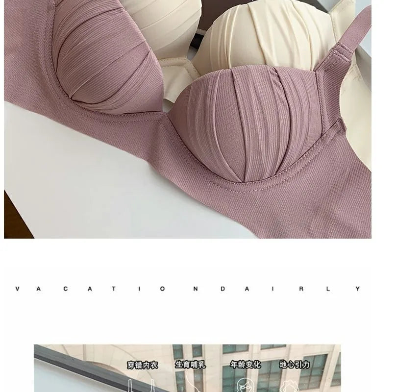2026 New Pleated Bras Push Up Bra Small Chest No Steel Ring Wirelss Soft Bra Solid Color Sweet Seamless Bra