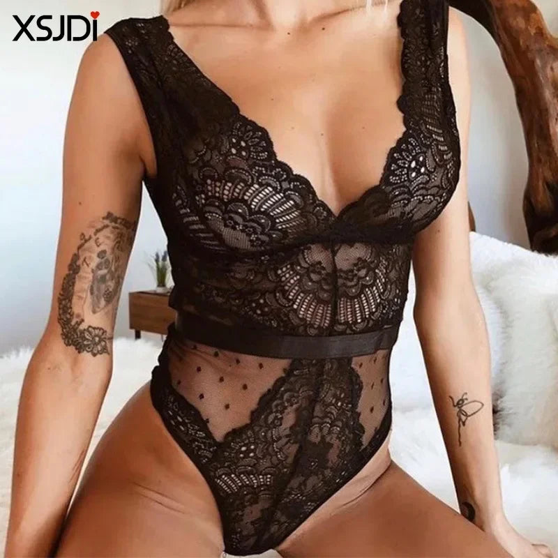 Sexy Bodysuit Women Lace Overalls Transparent Body Porno Mesh Bodysuit Lingerie Lace Hot Sex Costume Women See-through Babydoll