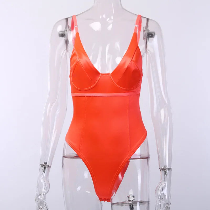 Skinny Sexy Bodysuit Lingerie V-neck Body Feminino Bright Silk One-pieces Tops Women Rave Outfit Sleeveless Lenceria Femenina